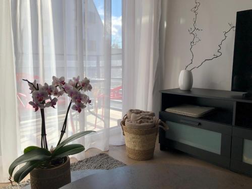 a room with a table with a plant and a window at Cosy 1 bedroom apartment in the heart of old town with parking in Kaunas