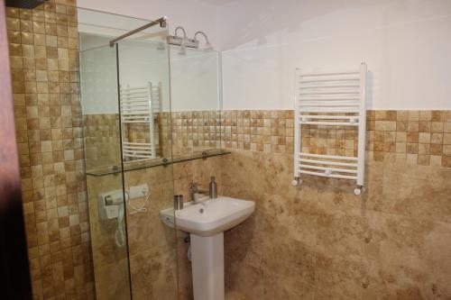 a bathroom with a sink and a glass shower at Villa Vitis in Kvareli