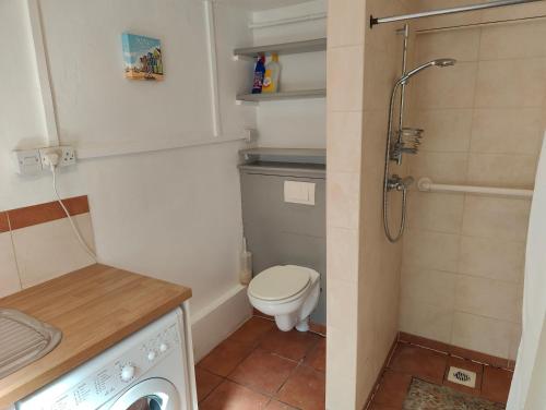 a small bathroom with a toilet and a shower at The Halt, Sheringham - 2x car spaces, Family friendly holiday home close to beach in Sheringham