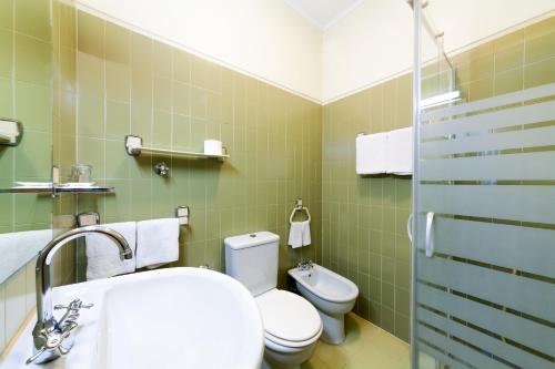 a green bathroom with a toilet and a sink at Hotel Sao Nicolau in Braga
