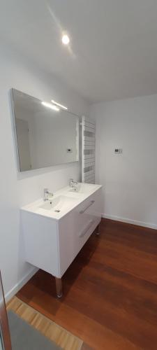 a bathroom with a white sink and a mirror at Gîte Pinsol 