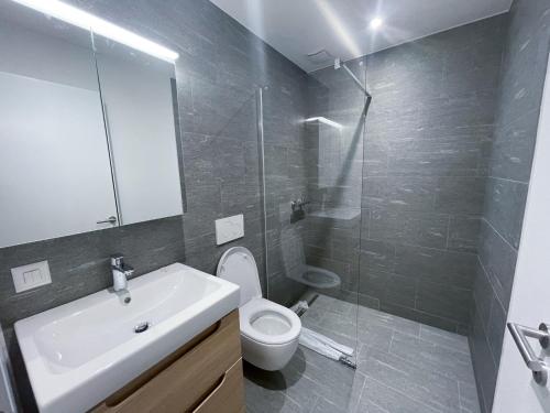 uma casa de banho com um lavatório, um WC e um espelho. em SCHNYDER'S HOME - Studio_1 em Rapperswil-Jona