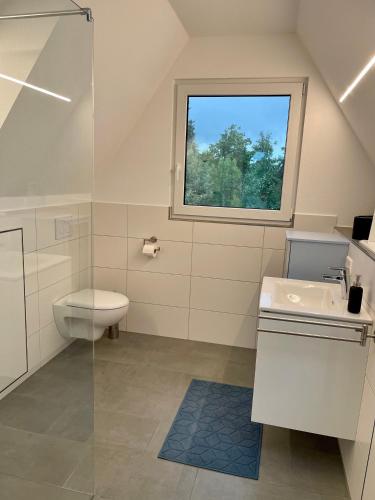 La salle de bains est pourvue d'un lavabo et d'une fenêtre. dans l'établissement Ruheoase mitten in der Natur, à Wilhelmsdorf
