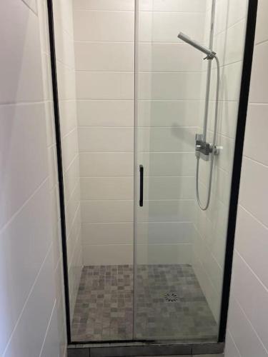 une douche avec une porte vitrée dans une salle de bain dans l'établissement Appartement FACE MER accès direct plage, à Houlgate