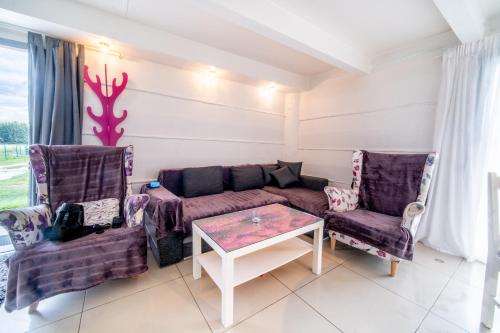 a living room with a couch and two chairs at Całoroczny dom na Mazurach WrzoSPA z jacuzzi in Stare Juchy