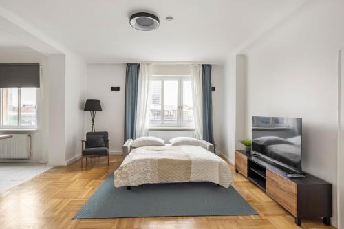 a bedroom with a bed and a flat screen tv at CITY CENTER- stylish & sunny Appartement in Vienna