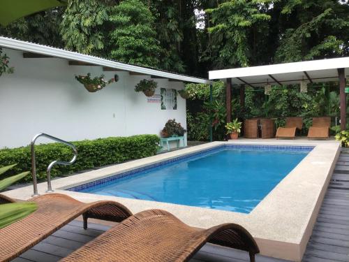 a swimming pool with two chairs next to a house at Hotel Indalo adults only in Puerto Viejo