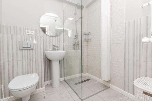 uma casa de banho com um WC, um lavatório e um chuveiro em Apartament in zona Centrala si Parc em Chisinau