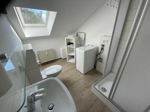 a bathroom with a sink and a toilet and a shower at Ferienwohnung über den Dächern von Pinnow in Pinnow