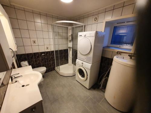 a bathroom with a washer and dryer in it at Åsveien Apartments. in Harstad