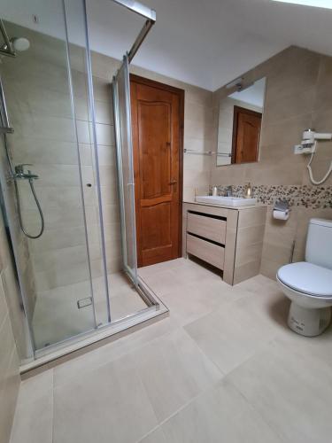 ein Bad mit einer Dusche, einem WC und einem Waschbecken in der Unterkunft casaafina in Harghita-Băi