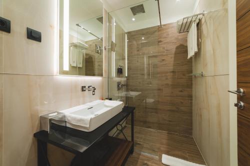 a bathroom with a sink and a shower and a mirror at Kalamper Hotel & Spa in Dobra Voda