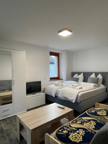 um quarto de hotel com duas camas e uma televisão em Diyo Apart Festspiel Bayreuth em Bayreuth