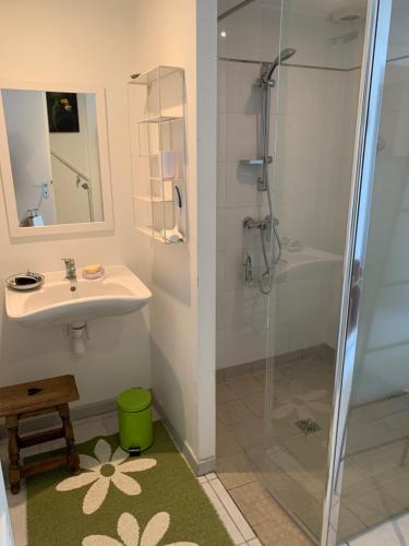 une salle de bain avec un lavabo et une douche dans l'établissement L'Estanque l'étang des vacances parking climatisation, à Sète