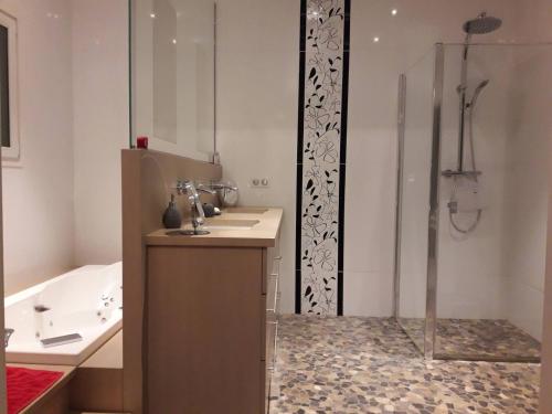 La salle de bains est pourvue d'un lavabo et d'une douche. dans l'établissement 170 m² entre Lyon et St Etienne, à Saint-Martin-la-Plaine