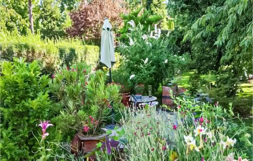 a garden with an umbrella and some plants at Gorgeous Apartment In Sobótka With Wifi in Sobótka