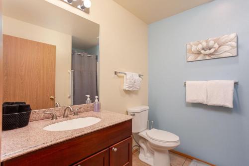 a bathroom with a sink and a toilet and a mirror at Walk to Downtown Leavenworth * Sleeps 6 + Pets * Ground Level Gem! in Leavenworth