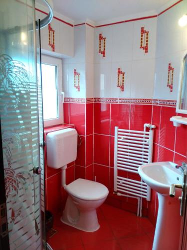 a red bathroom with a toilet and a sink at Vila Marcela in Buşteni