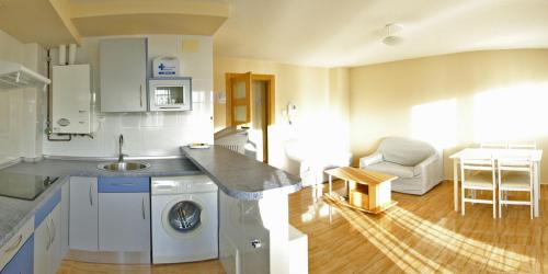 een keuken met een wastafel en een wasmachine bij Apartamentos Eneriz in Enériz