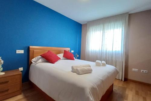 a blue bedroom with a large bed with red pillows at Corazón de Lemos in Monforte de Lemos