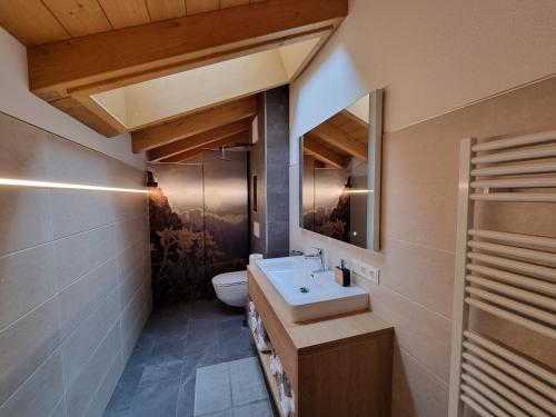 a bathroom with a sink and a toilet at Greidlhof Alpstyle Apartments in Fügen