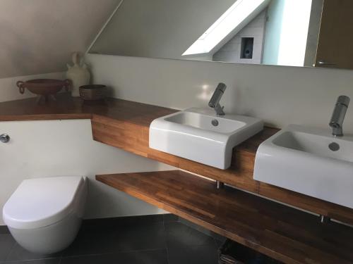 ein Badezimmer mit zwei Waschbecken, einem WC und einem Spiegel in der Unterkunft Quiet villa apartment close to everything in Odense