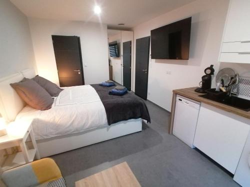 Postel nebo postele na pokoji v ubytování Studio BLEU, Neuf, classé 3 étoiles, Clim, Wifi, Lave-linge, Lit King Size, au calme et à 800m des plages de Valras Plage