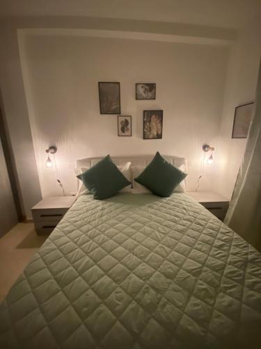 1 dormitorio con 1 cama grande y 2 almohadas verdes en Civico 107, en Quartu SantʼElena