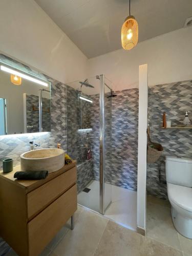 a bathroom with a sink and a shower and a toilet at Un logement cosy proche des Ports in Gujan-Mestras