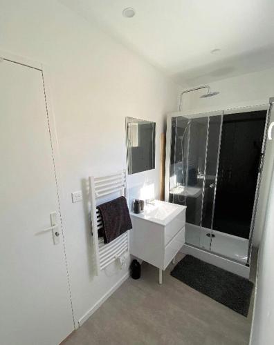 uma casa de banho branca com um lavatório e um espelho em maison moderne proche centre ville/hôpital em Angers