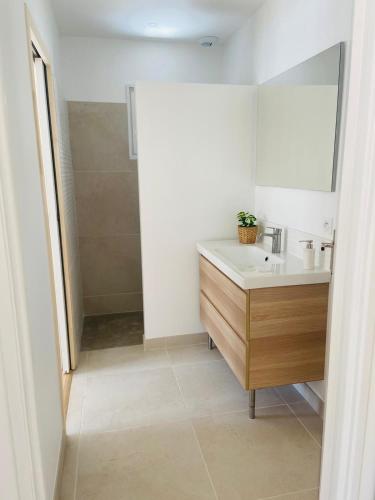 une salle de bain avec un lavabo et un miroir dans l'établissement Villa Gebano, à Saussines