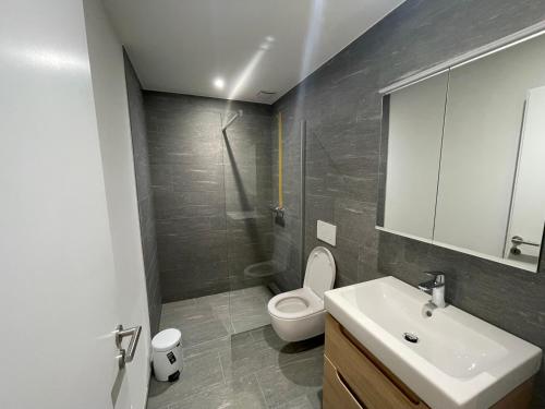 een badkamer met een wit toilet en een wastafel bij SCHNYDER'S HOME Studio_2 in Rapperswil-Jona