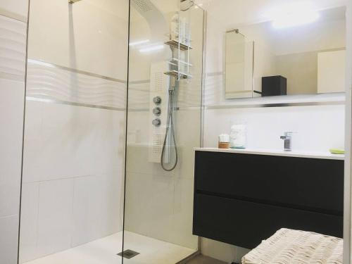une salle de bain avec une douche en verre et un lavabo dans l'établissement Azur Appart 4 pers - Parking - Terrasse - 10min du centre, à Cassis
