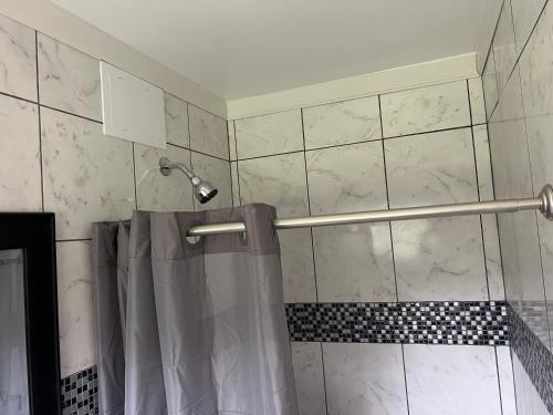 a shower with a shower curtain in a bathroom at Cobmin Ridge Motel in Branchville