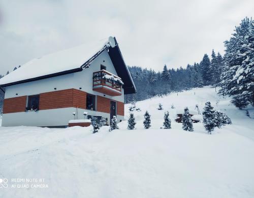 a building covered in snow with trees in the background at Domek Sielski Zakątek Pieniny in Szczawnica