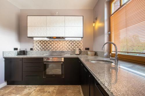 a kitchen with a sink and a counter top at PATEK Premium Apartments - Airport & MTP in Skórzewo