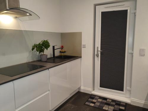 a kitchen with white cabinets and a sink and a window at The Annex in Bristol