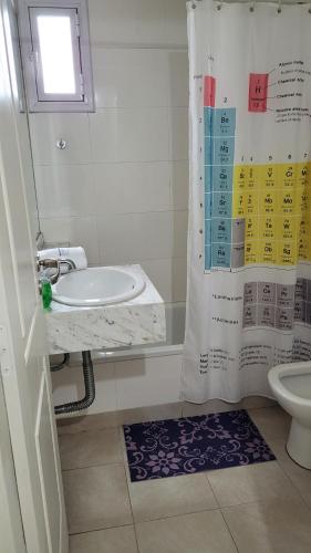 a bathroom with a sink and a shower curtain at La Vicente in Salta