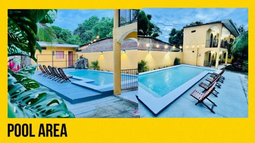 una zona de piscina con sillas y una casa en Hostal Casa Moreno en Moyogalpa