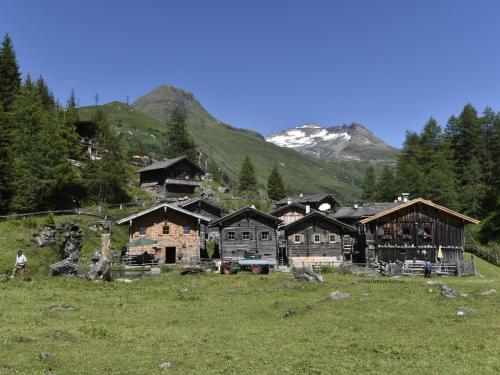 a group of buildings in a field with a mountain at Matrei Park 90 in Klaunz