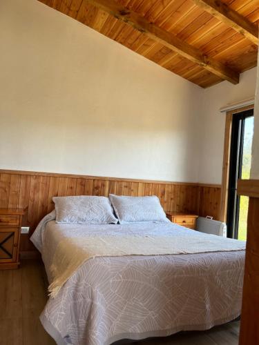 1 dormitorio con cama y ventana en Cabaña en sector Aquelarre, Lago Vichuquén, en Vichuquén