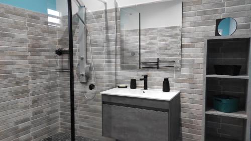 a bathroom with a sink and a shower at Domaine de Sainval in Sainte-Rose