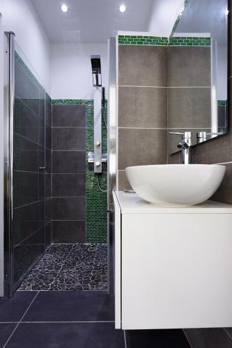 a bathroom with a sink and a shower at Domaine de Sainval in Sainte-Rose