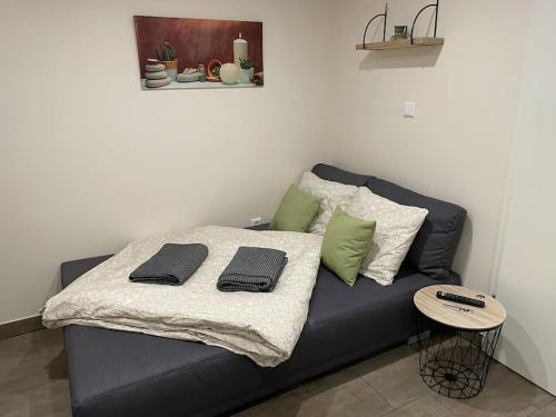 a black couch with two pillows and a table at Studio situé aux abords de la forêt avec parking in Differdange