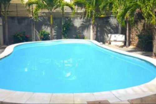 a large blue swimming pool in a yard at Ocean Drive Studio, next to the Beach in Grand Baie