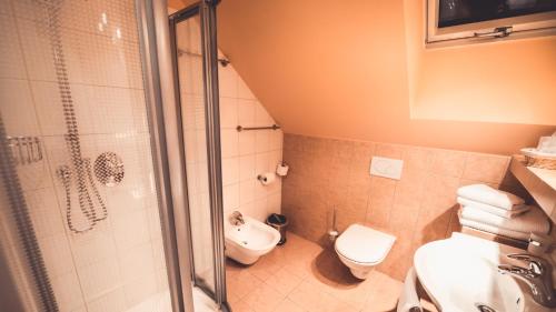 a bathroom with a shower and a toilet and a sink at Penzion a Restaurace U Johana in Zlín