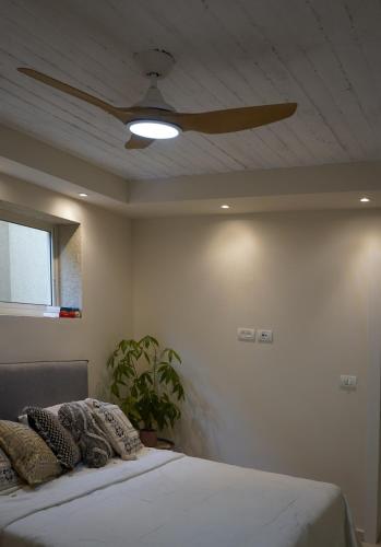 a bedroom with a bed and a ceiling fan at סיני 48 מלון דירות בוטיק in Vered Yeriho