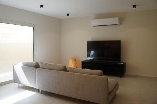 sala de estar con sofá y TV de pantalla plana en סיני 48 מלון דירות בוטיק en Vered Yeriho