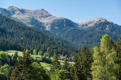 un pueblo en un valle con montañas en el fondo en Zum Hirschen Boutique Hotel Val di Non, en Unsere Liebe Frau im Walde