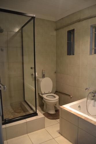a bathroom with a toilet and a shower and a sink at Green Grove Villa in Centurion